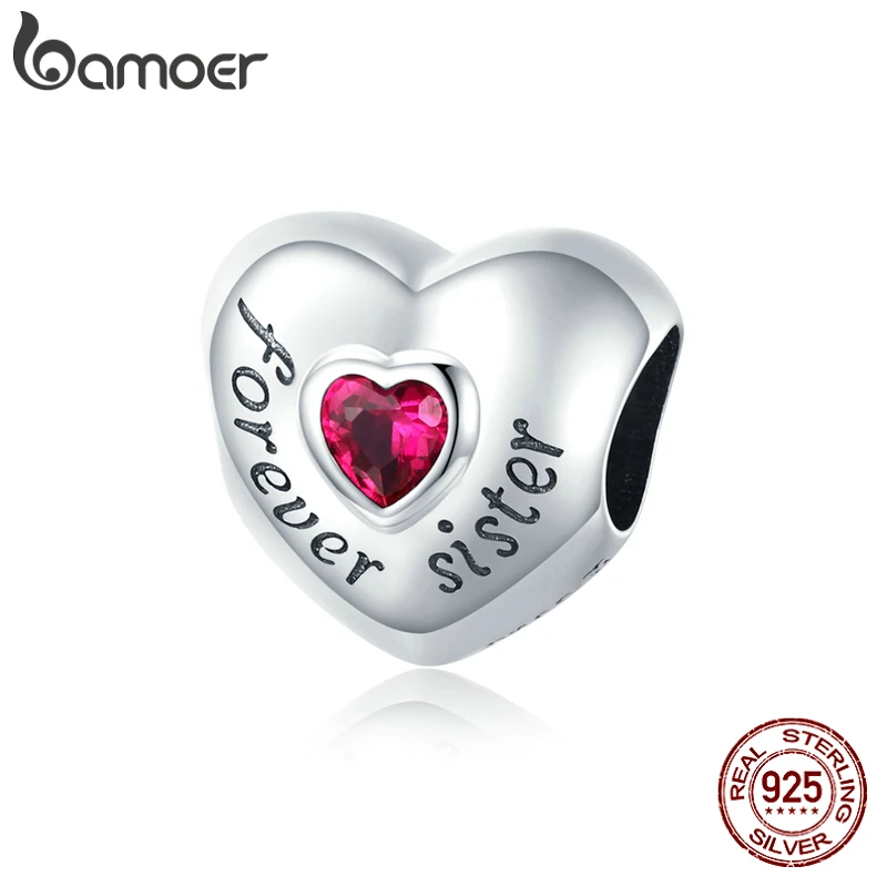 bamoer Family Forever Love Sister Red Zircon 925 Sterling Silver Charm Pendant for Original Bracelet Bangle DIY Jewelry SCC1835