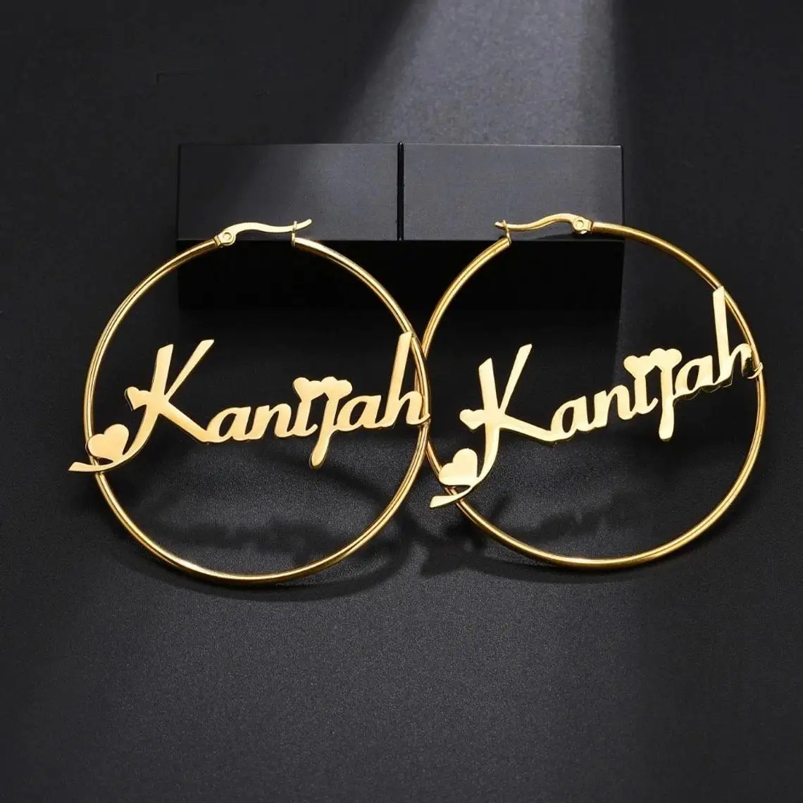 

Personalized Big Circle Name Hoop Earrings Custom Heart Font Name Plate Earrings Charm Stainless Steel Jewelry Hoop Earrings