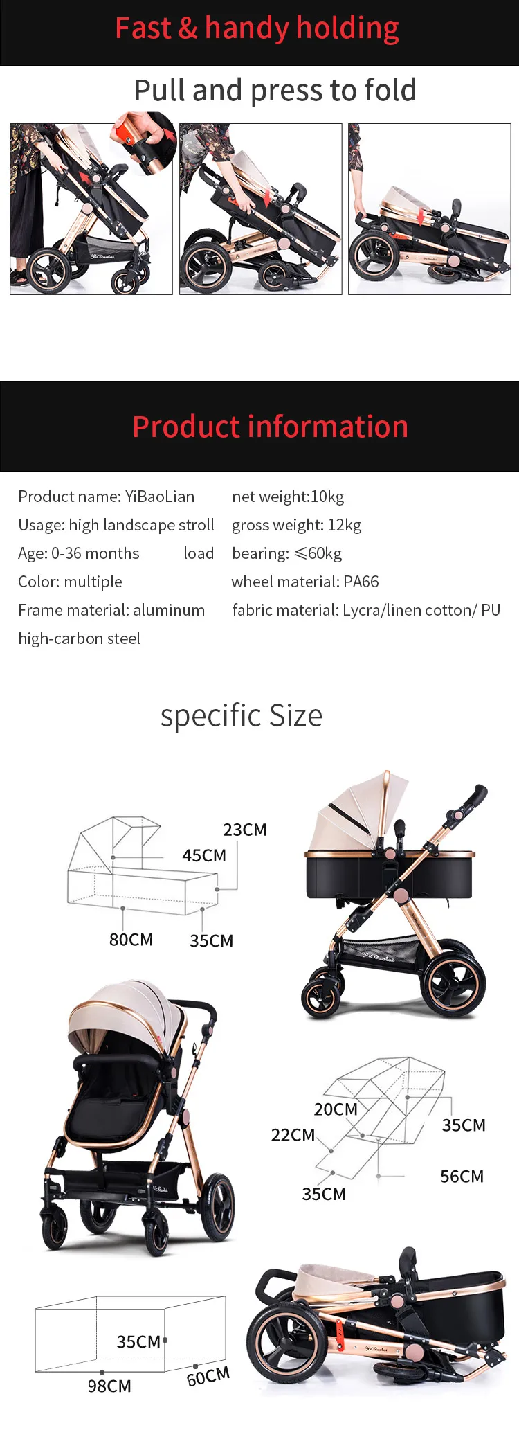 Детская коляска BABYFOND с высоким пейзажем, может лежать, складывается, четыре колеса, амортизатор, детская коляска