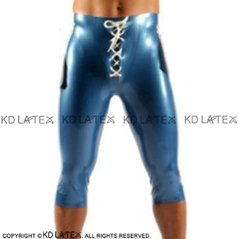 Металлические Синие пикантные латекс шорты боксеры с белыми полосами завязки