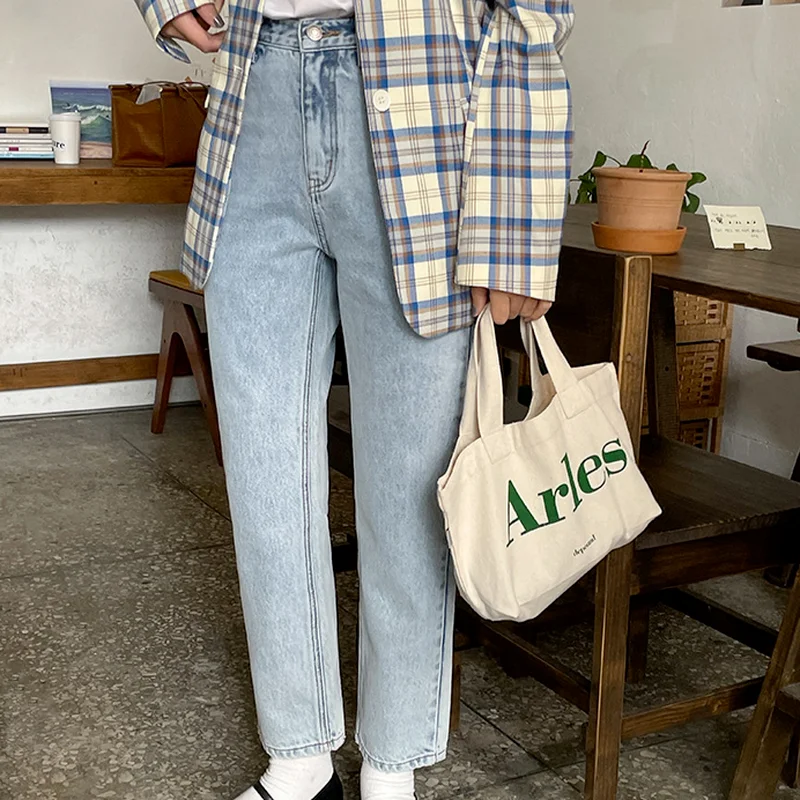 

Spring New Fashion Denim Jeans 2021 Straight Solid Korean Elegant Pants Office Lady High Waist Vintage Women Trousers 13A284