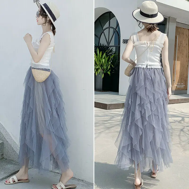 

Women Irregular Tulle Tutu Skirt High Waist Female Prom Party Cusal Long Skirt