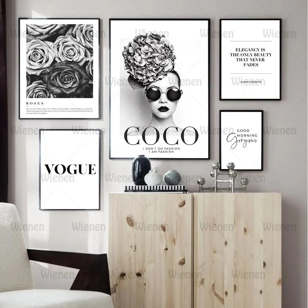 

Fashion Poster Paris Luxury Brand Wall Art Canvas Prints Rose Flower Painting Gorgeous Art Pictures Print Vogue Girl Room Decor