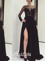 a line sweepbrush floor length sheer back chiffon appliques split front long sleeves evening dress free shipping