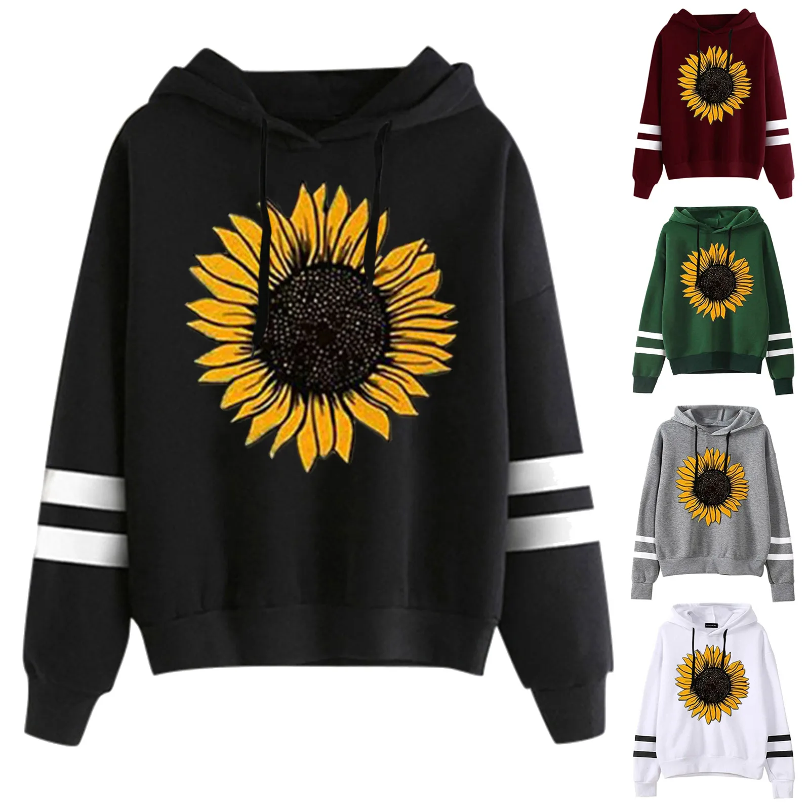 

Christmas Hoodies Women Sunflower Print Knitted Causal Fall Winter Pullover Sweatshirt Young Style Drawstring Tops A20
