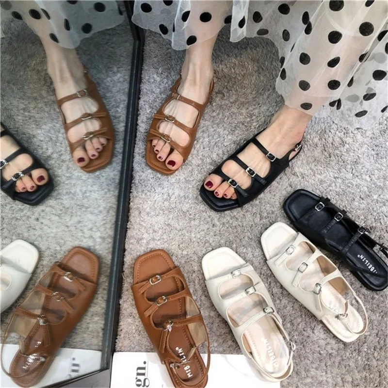 

2021 Roman Sandals Women Summer New Retro Square Toe Open Toe Belt Buckle Flat Sandals