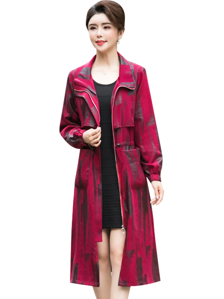 

id-length Overcoat coat autumn dress thin section femal temperament foreign slim printed fashion Abrigos D177