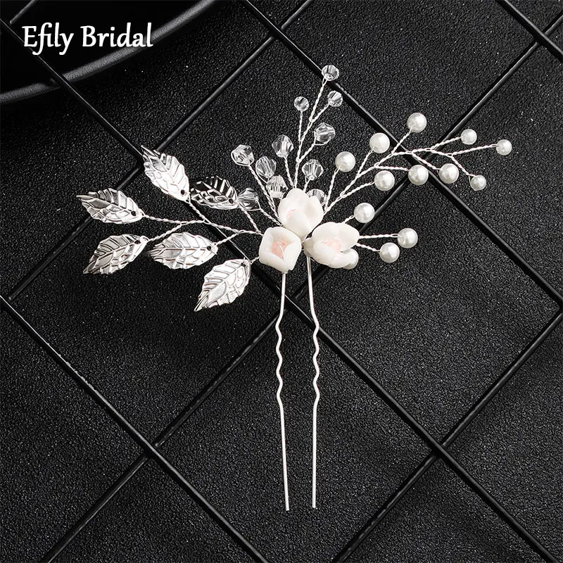

Efily Silver Color Leaf Flower Hair Pin Pearl Crystal Headpiece Bridal Hair Accessories Women Wedding Jewelry Bridesmaid Gift