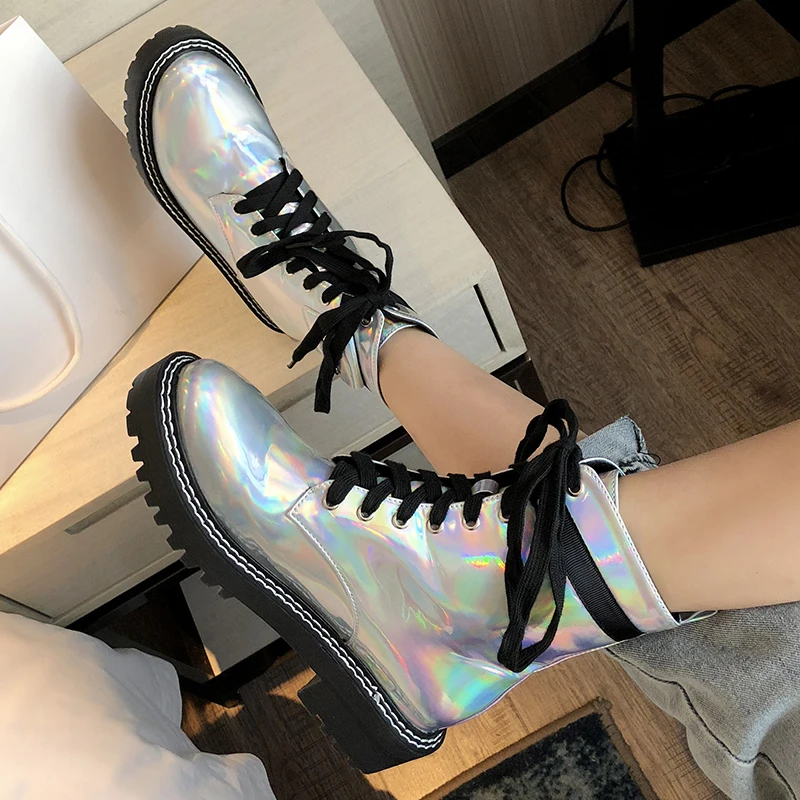 Rimocy Womens Silver Laser Patent Leather Ankle Boots Fashion Lace Up Thick Platform Shoes Woman Mid Heel Motorcycle Mujer |