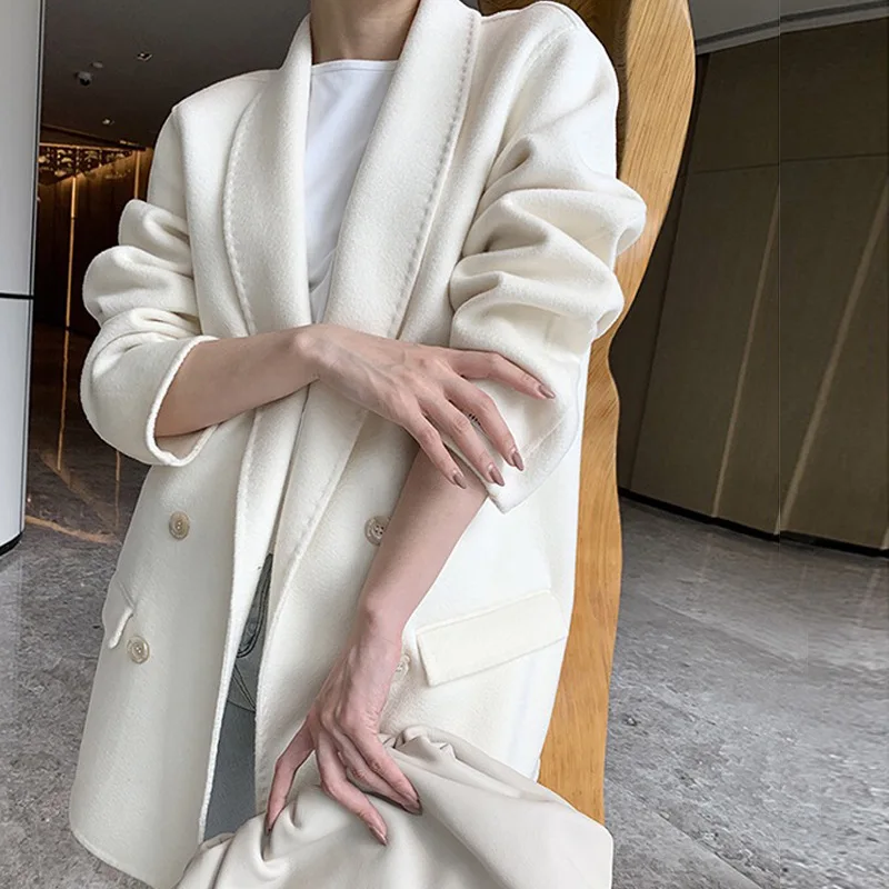 

Double-Sided Wool Coat 2021 Autumn Winter Europe Korea Female Loose Double Breasted Warm Elegant Suit Collar Lady Office Jacket