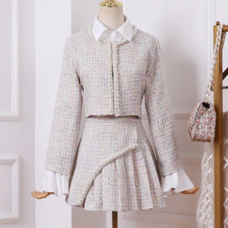 Женский твидовый костюм из двух предметов шерстяной короткий пиджак и