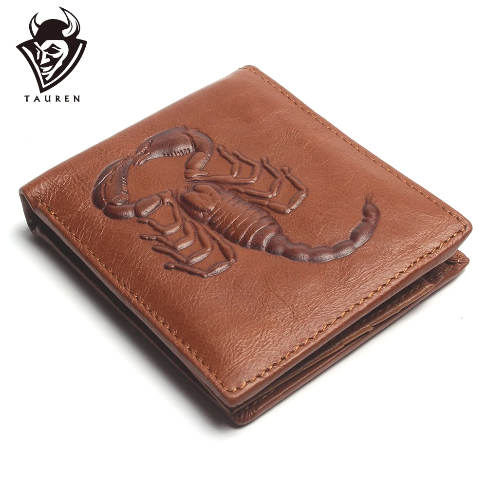 

Genuine Leather Wallet 3D Embossed Scorpion Totem Men Wallets Luxury Dollar Price Vintage Male Purse Brown