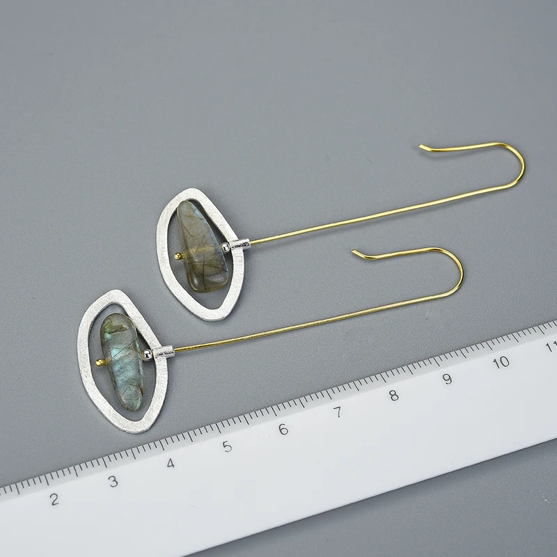 Lotus весело Настоящее серебро 925 проба Натуральный Лабрадорит Fine Jewelry вращающийся глаза мира длинные Длинные Висячие серьги для Для женщин