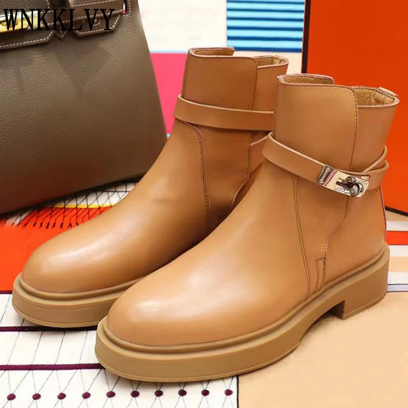 

Женские ботильоны, новинка осень-зима 2021, Ботинки martin из натуральной кожи на толстой подошве с круглым носком, универсальные короткие лодки ...