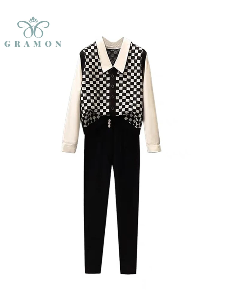 

Woman Two Piece Sets Spring Autumn Korean Plus Size Plaid Patchwork Solid Color Shirt+Black Pencil Trouser Female Pants Suits