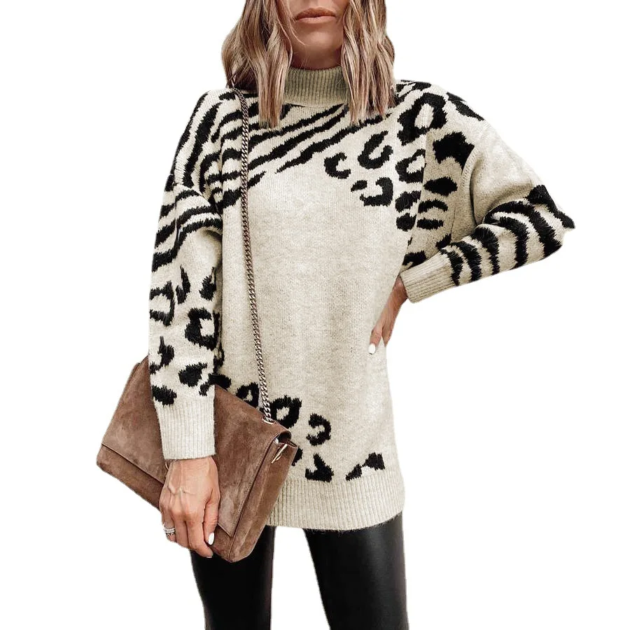 

Butemoda Leopard Print Knitted Sweaters for Women Ladies Turtleneck Jumpers Long Sleeve Baggy Sweater Pullover Autumn Winter