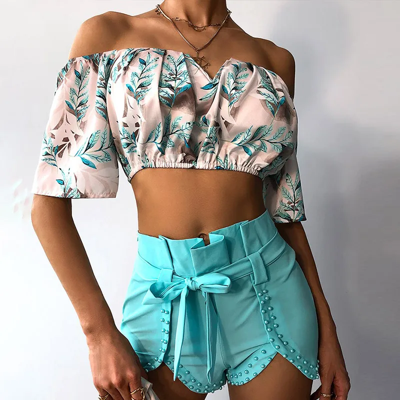 Женский комплект с открытыми плечами и принтом листьев из 2 предметов