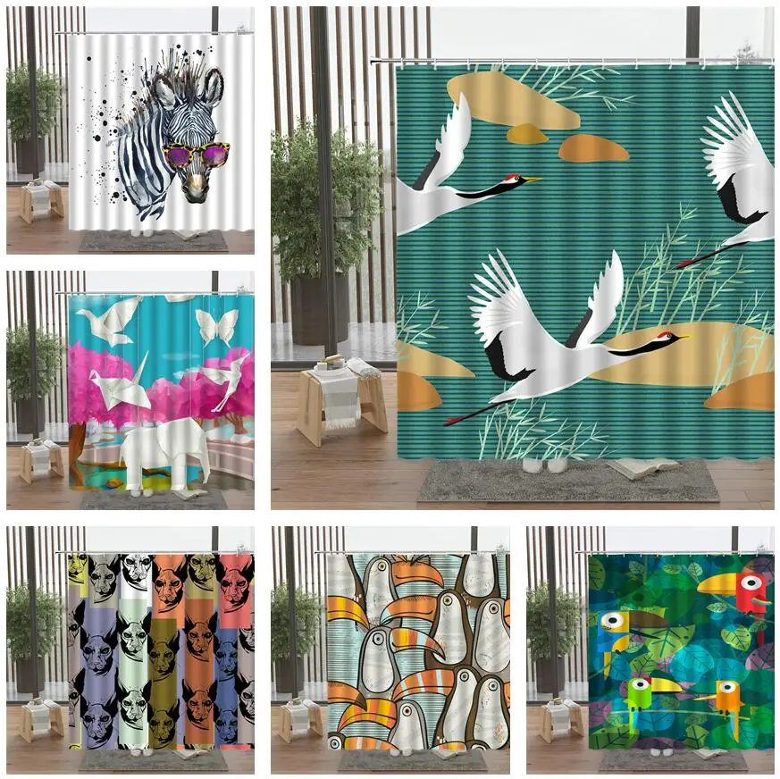 Диких животных Душ Шторы в виде Белого журавля и рисунком птичек оригами слон