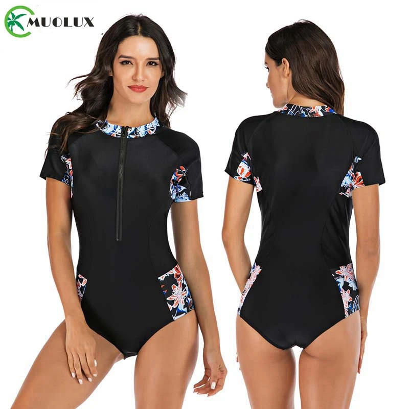 Черный Рашгард Цельный купальник для серфинга женский с коротким рукавом 2020