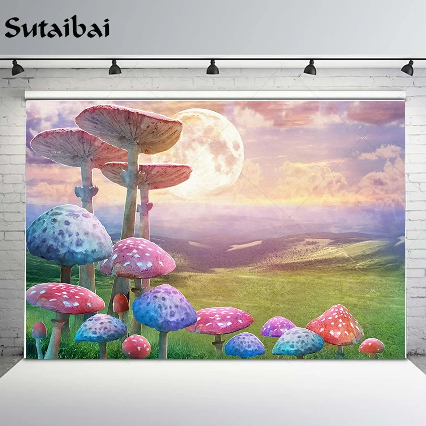 

Sunset Scenery Photography Background Fairy Tale Forest Mushroom Girl Princess Birthday Party Decoration Backdrop Photo Studio