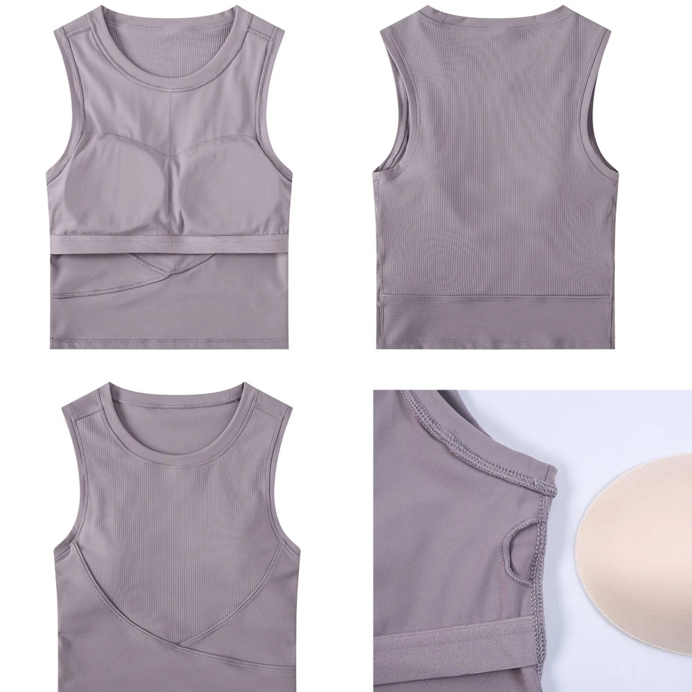 

SHINBENE RIBBED Workout Yoga Gym Crop Top Vest Women Push Up Padded Fitness Training Sports Bras Top with Removable Chest Pads