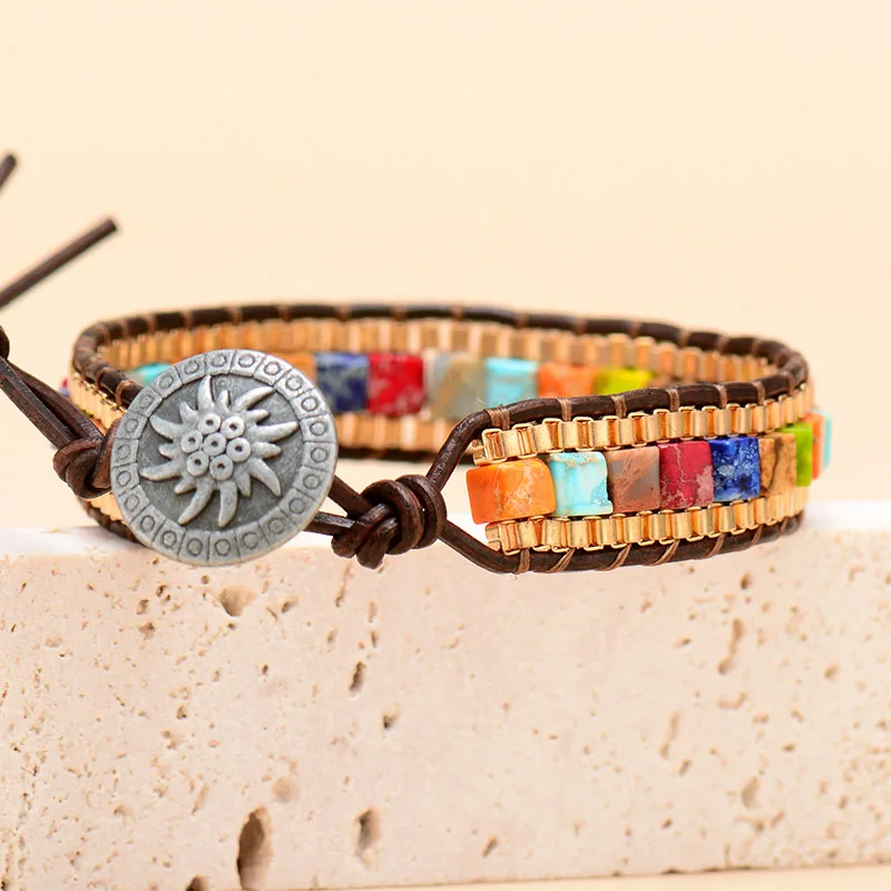 Креативные женские браслеты 7 чакр камни Золотая цепочка плетеный кожаный