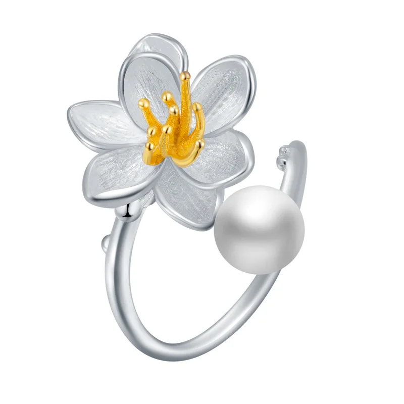 

S925 Silver Women's Peach Blossom Artificial Freshwater Pearl Ring Flower Rings-Adjustable Ring