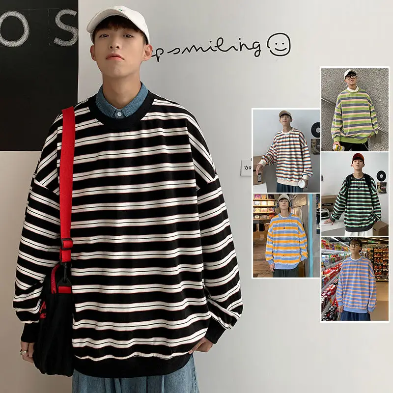 

Spring Cotton Striped Hoodie Men's Fashion Casual O-neck Sweatshirt Men Streetwear Korean Loose Hip-hop Pullover Hoodies Mens