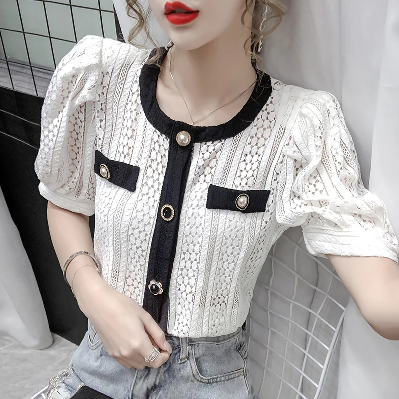 

COIGARSAM Lace Shirt Womens tops New Women shirts White 6820