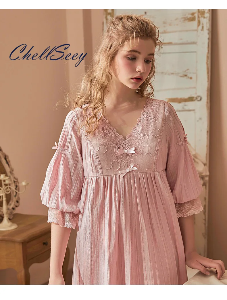 

Chellseey Женская весенне-летняя кружевная ночная рубашка из чистого хлопка с V-образным вырезом и бантом в стиле ретро принцессы длинные пижамн...