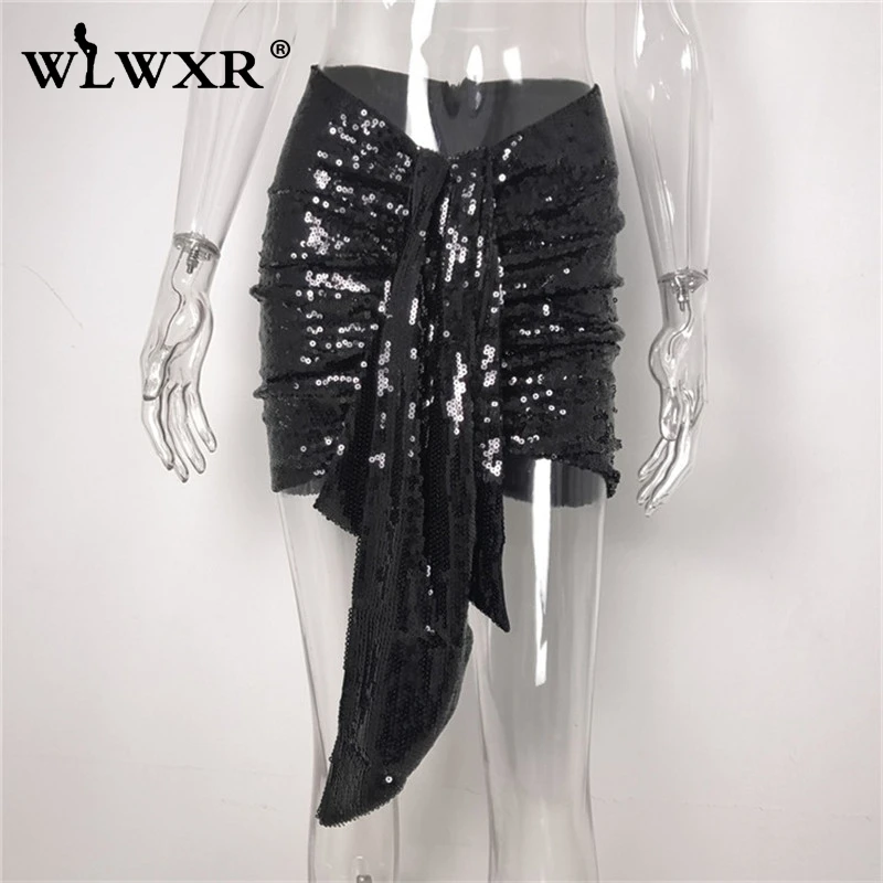 Черный WLWXR/Пикантные мини-юбки из искусственной кожи; Женская Асимметричная черная юбка с блестками и высокой талией; Клубные вечерние юбки-карандаш в складку - Цвет: Черный