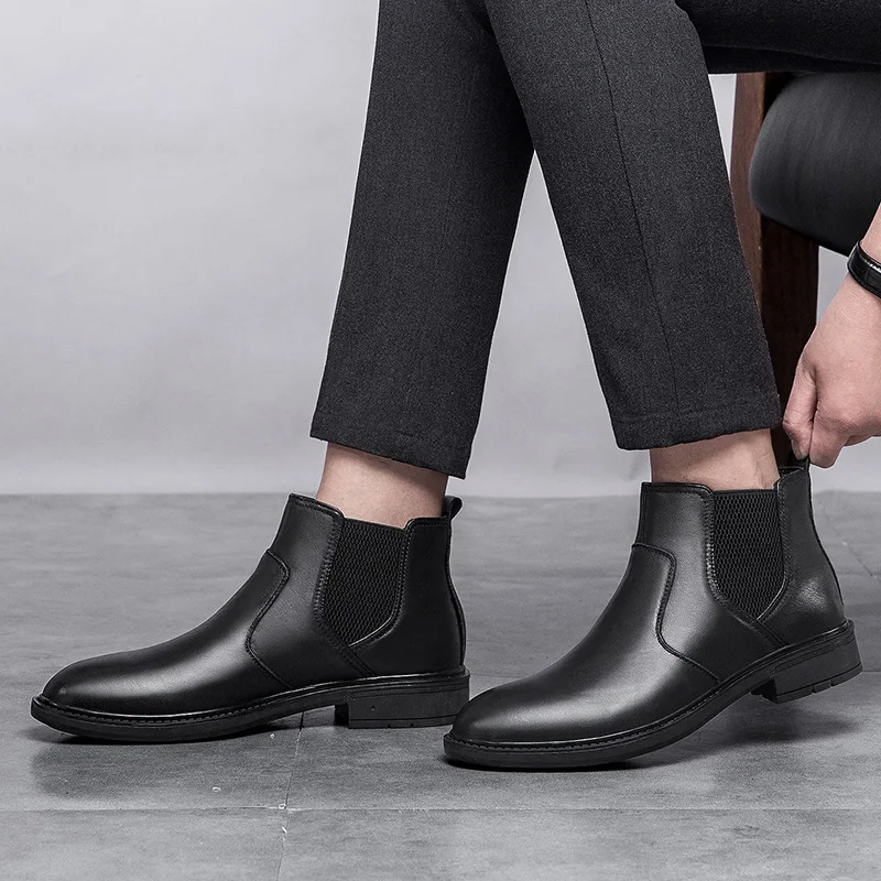 Мужские кожаные ботинки челси коричневые ботильоны без застежек теплые в