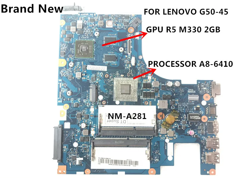 

ACLU5 / ACLU6 NM-A281 G50-45 LAPTOP MOTHERBOARD FOR LENOVO G50-45 MAINBOARD A8-6410 PROCESSOR +GPU R5 M330 2GB