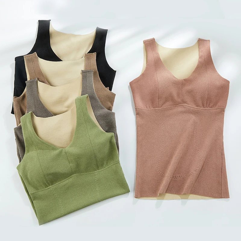2021 Seamless Heating Velvet Thermal Underwear Women V-neck Plus velvet Thick Wormwood Fiber Belt Warm Belly Latex Pad Cup Vest