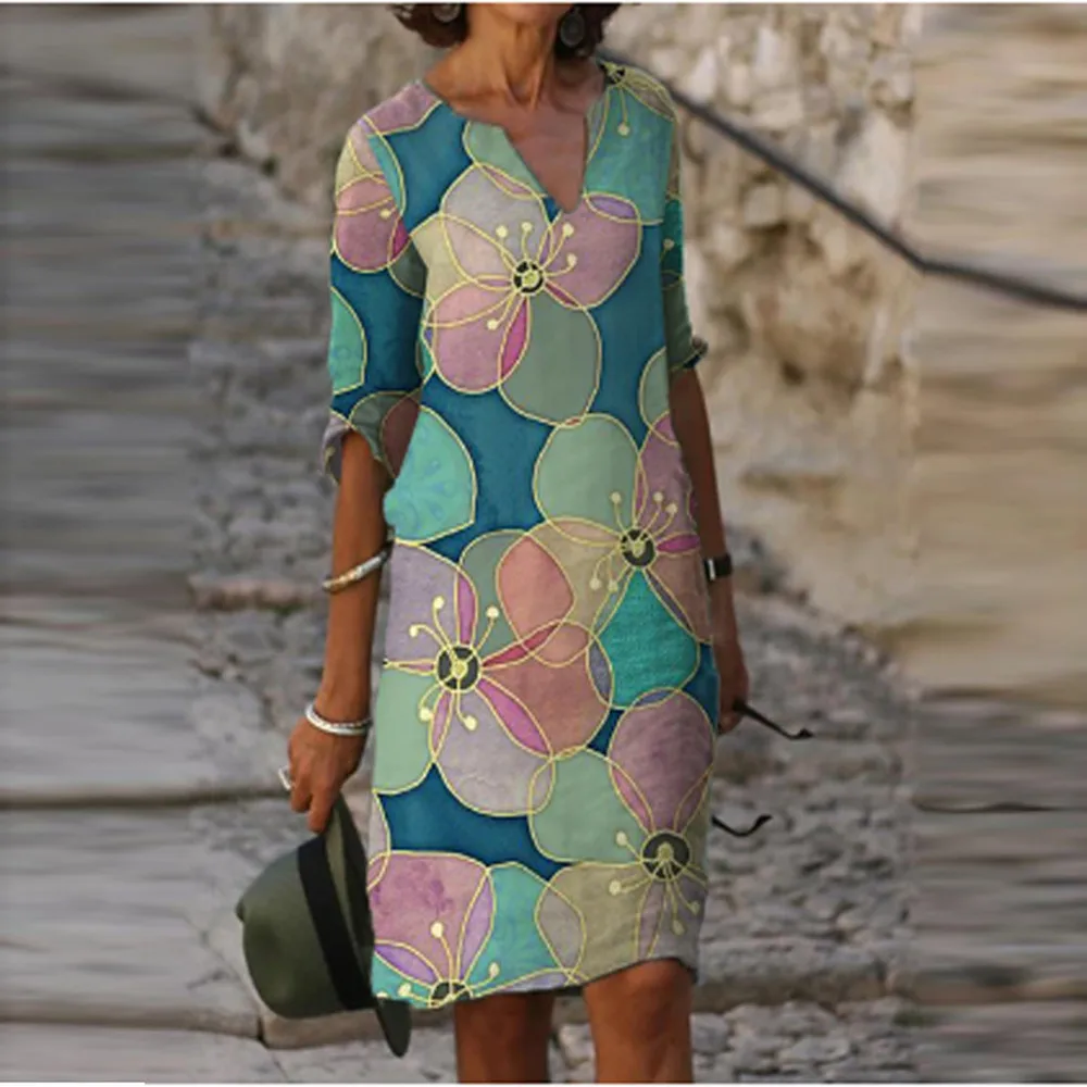 

Spring Summer V-neck Sexy Retro Floral Printed Mini Dress Ladies Casual Long Sleeve Dress Oversized Femme Robe Vestidos S-5XL
