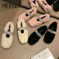solid color simple winter soft plush shoes rhinestone chain platform flats casual wool women shoes 2021 slip on hollow round toe