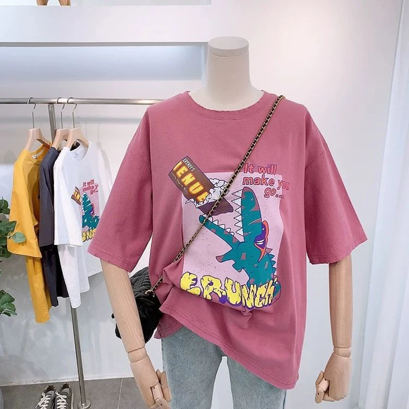 Новая летняя женская мода Корейская свободная футболка с мультяшным принтом
