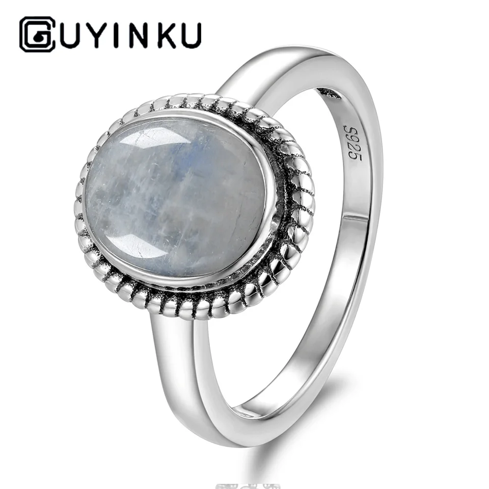 GUYINKU, винтажные кольца с натуральным радужным лунным камнем, 925 пробы, серебряное кольцо с драгоценным камнем для помолвки, юбилея для женщин, хорошее ювелирное изделие