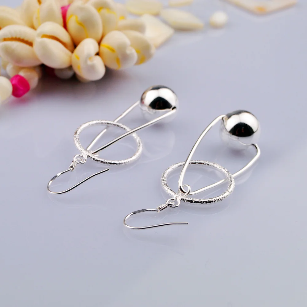 Женские серьги подвески из чистого серебра круглые с бусинами серебряные для