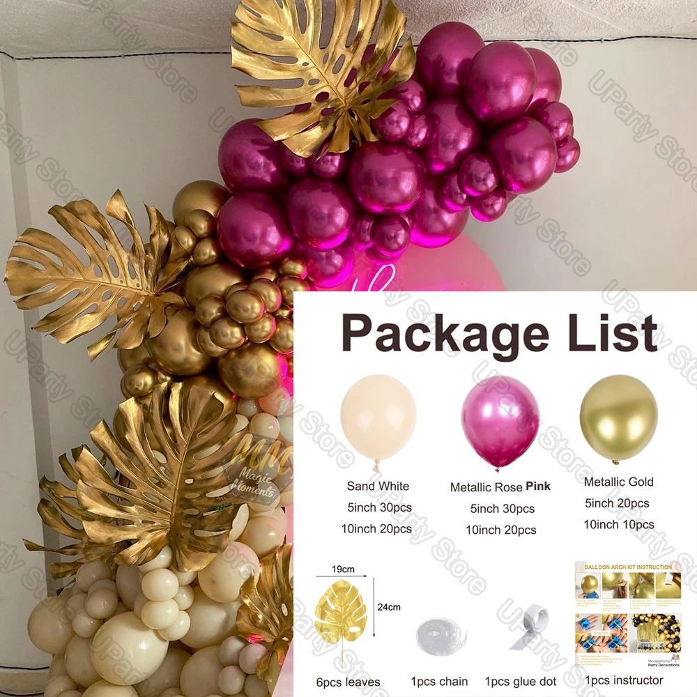 139Pcs Metallic Rose Pink Balloons Arch Chrome Gold Leaves Sand White Balloon Garland for Birthday Valentines Day Party Decor - купить по