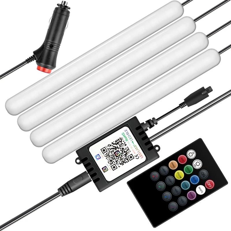 

Car LED Atmosphere Light Foot Light 4PC 48LED Music Interior RGB Lights Waterproof DC 12V Sound Active Function Remote Control
