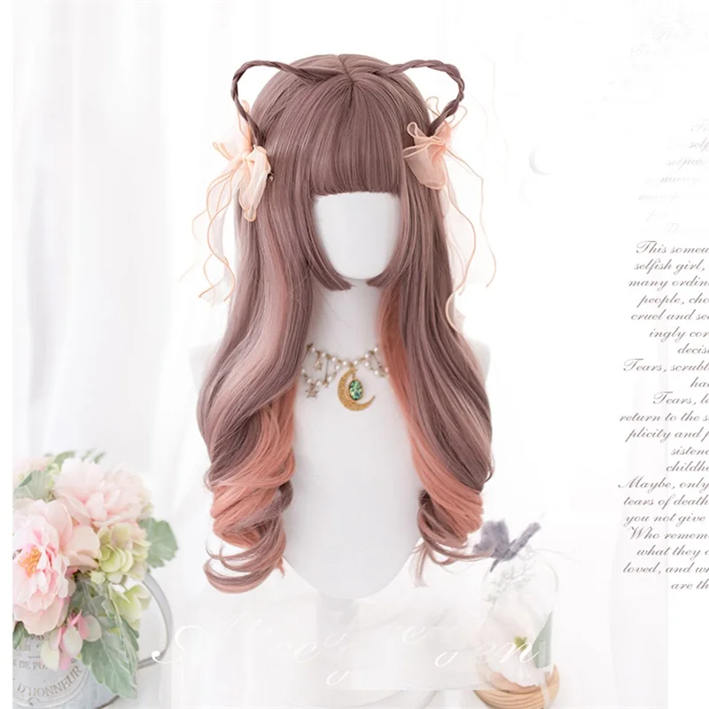 

Cosplay 62CM Lolita Light Coffee Mixed Orange Pink Ombre Long Wavy Bangs Cute Synthetic Halloween Party Cosplay Wig