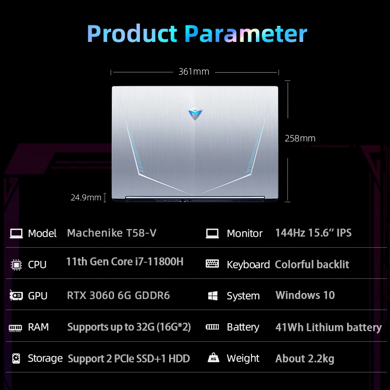 Machenike T58 RTX3060 Gaming Laptop i7 11800H 16G 512G SSD 144Hz 15.6'' WiFi 6 Backlit Keyboard Notebook Computer Windows 10