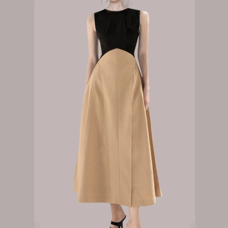 

Black Khaki Smmer Long Dress Korean Loose Cotton Party Dress Casual Patchwork Sleeveless O-Neck Maxi Dress Luxury A-Line C342