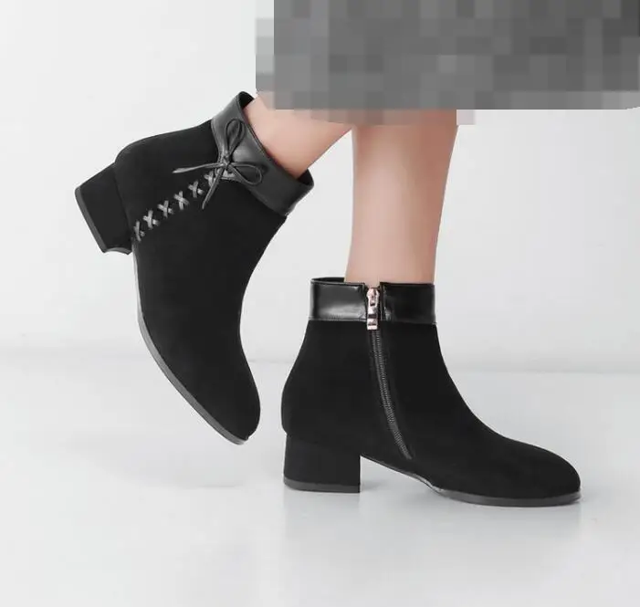 

Smart Women Square Toe Chunky Low Heel Zip Up Bowknot Casual Ankle Boots
