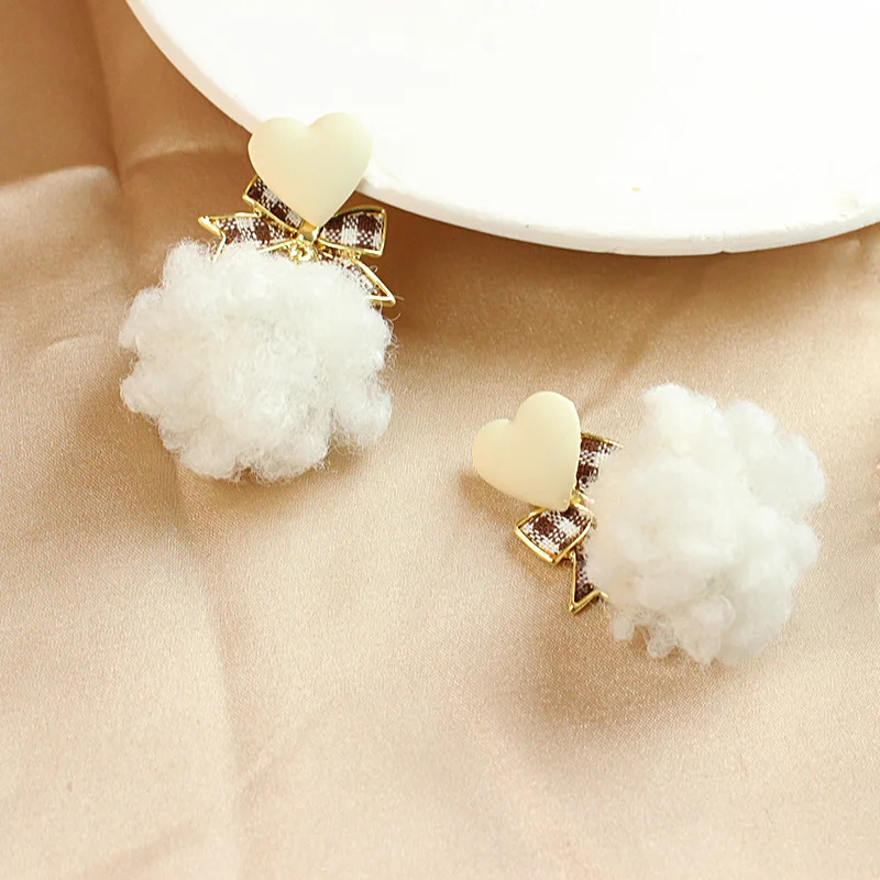 

Korean Fashion White Wool Ball Charm Drop Earrings Brown Lattice Bow Simple Heart Dangle Earrings For Women Girls Party Jewelry
