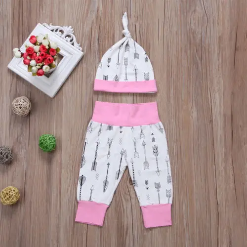

Baby 4PCS Outfit Set, Long Sleeve Letter Envelope Neckline Romper, Long Arrow Pant, Bow Hair Band, Beanie Hat Set