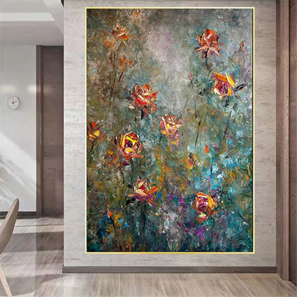 

Palette Knife Abstract Textured Flowers Oil Painting 3D Canvas Hand Painted Wall paintings for Home living room Decor Flower Art