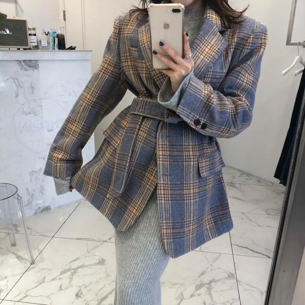 KINOMI осень зима 2019 Новый Винтажный клетчатый шерстяной Женский блейзер с длинным