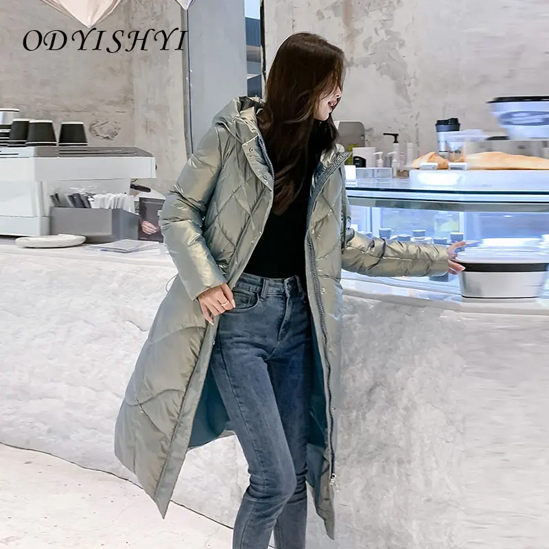 

Long Glossy Winter Parka Fashion Women's Down Jacket 2021 New Hooded Jackets Thick Slim Cotton Coat Female Outwear Warm DH08